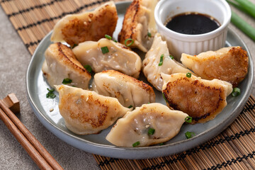 Pan-fried gyoza dumpling jiaozi in a plate with soy sauce on gray table background.