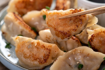 Pan-fried gyoza dumpling jiaozi in a plate with soy sauce on gray table background.