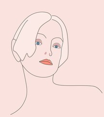 Minimalistic portrait of a blonde girl. Minimalistic one line drawing on a colored background. For illustrations, covers, banners and more.