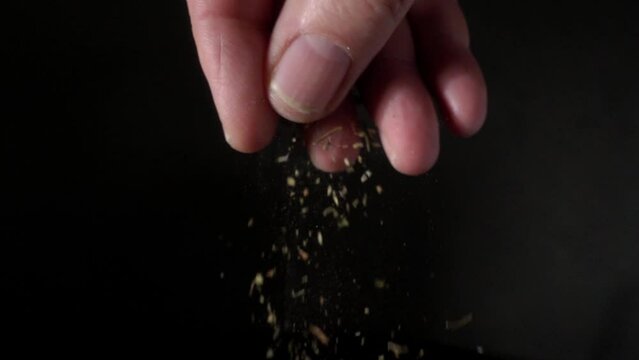 A chef sprinkling dried herbs, rustic plaster background. super slow motion