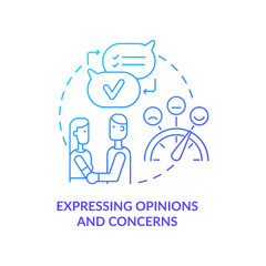 Expressing opinions and concerns blue gradient concept icon. Positive healthy relationships abstract idea thin line illustration. Isolated outline drawing. Myriad Pro-Bold font used