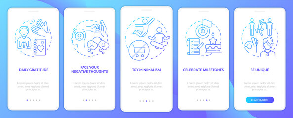 Self-compassion exercises blue gradient onboarding mobile app screen. Walkthrough 5 steps graphic instructions pages with linear concepts. UI, UX, GUI template. Myriad Pro-Bold, Regular fonts used