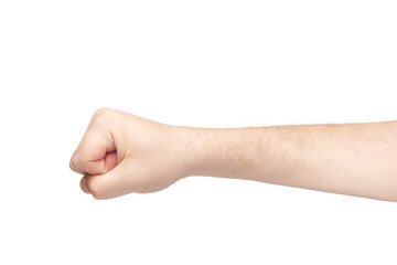 Man palm shows clenched fist gesture. Brutal man hand isolated on white background. Finger gestures.