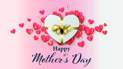 Fototapeta na wymiar card or banner for mother's day with a gift in the shape of a heart with its gold ribbon of pink hearts around the gift on a pink and white gradient background