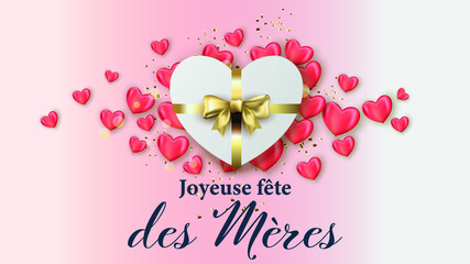 carte ou bandeau pour la fête des mères avec un cadeau en forme de coeur avec son ruban or des coeur rose autour du cadeau sur un fond rose et blanc en dégradé	