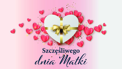 kartka lub baner na dzień matki z prezentem w kształcie serca ze złotą wstążką różowych serc wokół prezentu na różowo-białym gradientowym tle