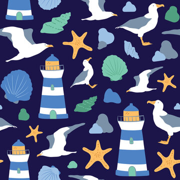 Coastal Ocean Beach Themed Illustration Print With Albatross, Seashells, Rocks And Lighthouses. Cute Colorful Marine Wallpaper, Background. Summery Navy Blue Color Palette. Seamless Pattern Vector.