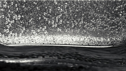 Close-up of small bubbles floating in the glass filled with sparkling water on the dark background. Monochrome
