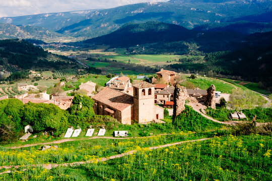Aerial view of Riopar Viejo, a village located on a high hill.
