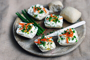 Canape with cream cheese and green onions. Healthy sandwich.
