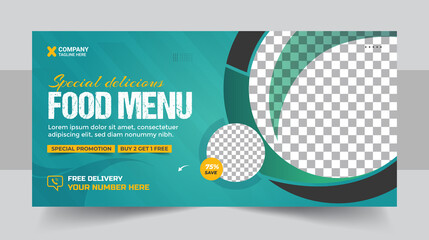 Fast food business promotion web banner template design, Restaurant healthy burger online sale social media marketing cover or web banner template vector