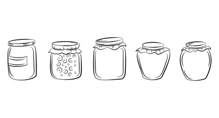 Collection of vector black and white jars with lids. Flat illustration, sketch.