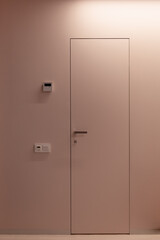 Pale pink color door hidden mounting in the wall. Invisible door structure is without platbands with a hidden box in modern house