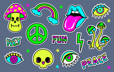 Psychedelic hippy stickers. Neon cartoon psychedelic hippy stickers with mushrooms and eyes. Hallucination elements, heart, skull. Vector illustration set of psychedelic and hallucination elements
