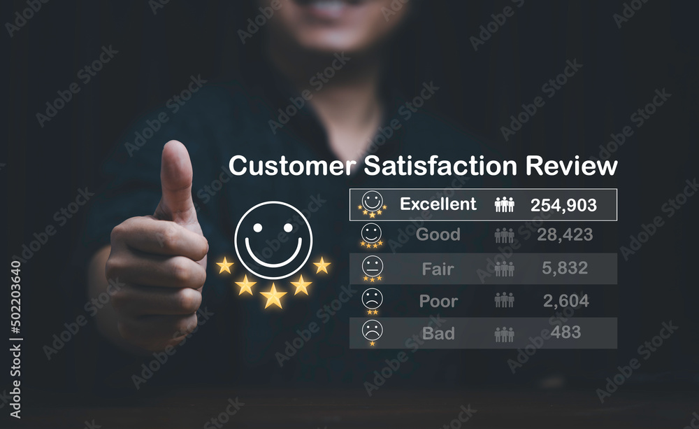 Poster businessman hand thumb up with smile face and five stars for excellent evaluation result and custome