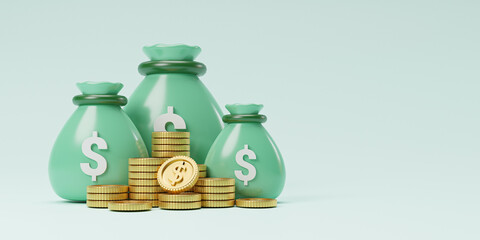 Isolate of green dollar money bag with golden coin stacking for financial saving  , dividend and deposit concept by 3d render illustration. - obrazy, fototapety, plakaty