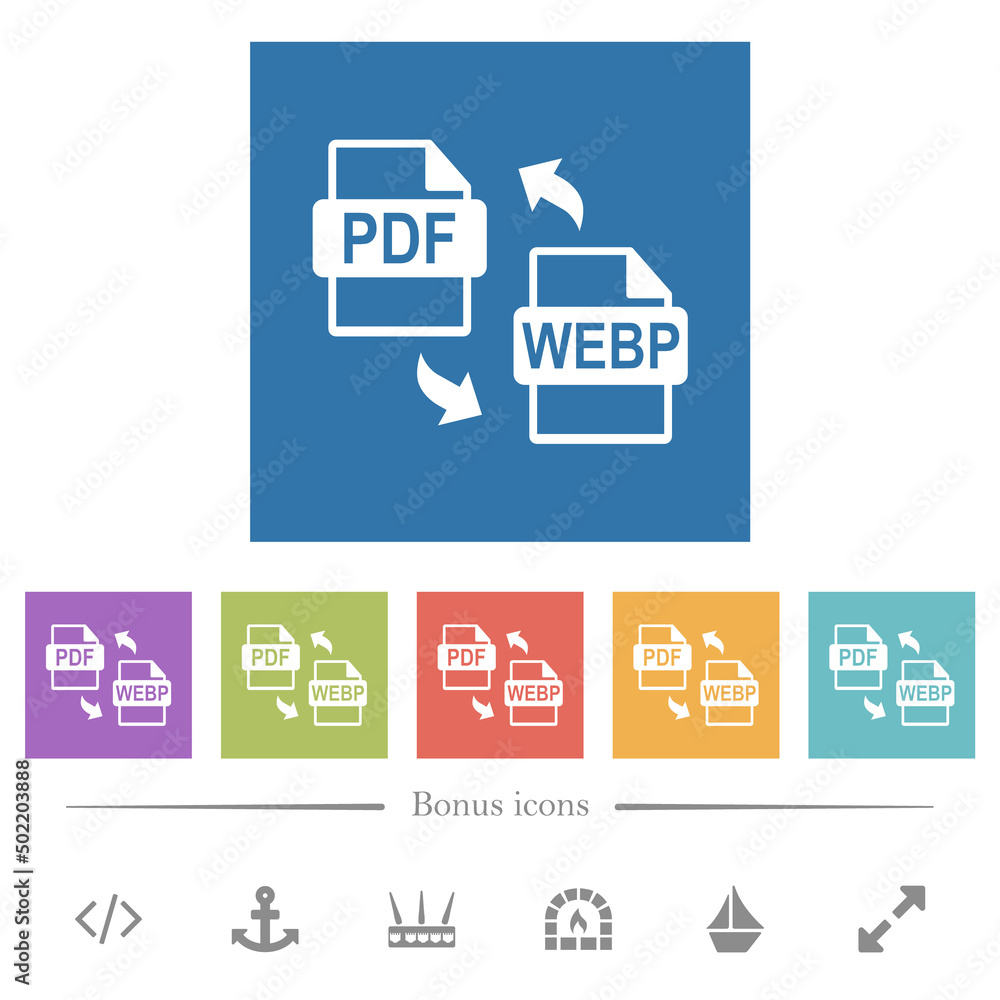 Aufkleber pdf webp file conversion flat white icons in square backgrounds