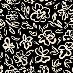Hand drawn, contemporary flowers with leaves seamless repeat pattern on black background. Random placed, vector abstract floral all over surface print.
