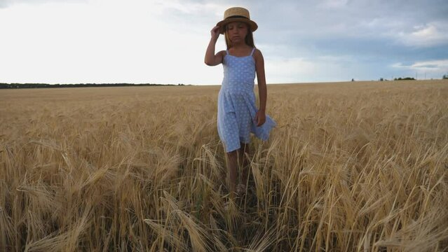 Beautiful small girl with long blonde hair touching golden ears of wheat while walking through field. Little kid in straw hat going over the meadow of barley. Cute child spending time at plantation