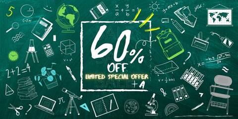 60% off limited special offer. Banner with sixty percent discount on a gren background with white square