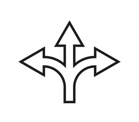 Three arrow way icon. Arrow way with 3 options of road. Choice of pathway. Outline icon. Choose of decision in split of direction. Crossroad, uncertainty and choice opportunity. Vector