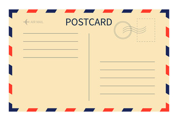 Vintage postcard. Post card with stamp. Airmail template. Postal mail. Letter of airmail. Old envelope. Postcard with blue-red border. Blank paper with frame, airplane and stamp. Vector