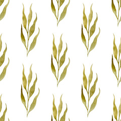 Simple seamless pattern of green watercolor leaves isolated on a white background. Hand-drawn branches in sketching style. Minimalistic botanical wallpaper