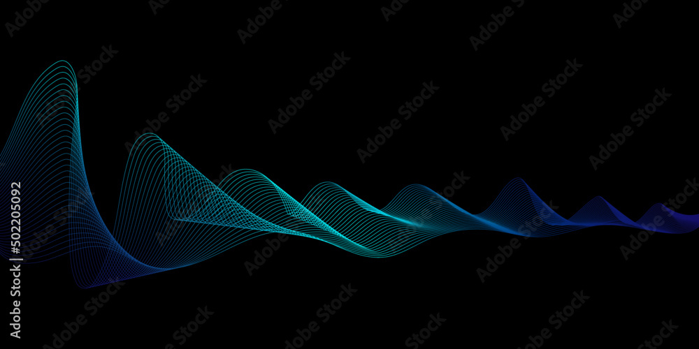 Fototapete Abstract dark blue background. Vector sound wave lines dynamic in blue green color light flowing isolated on black background for concept of music, sound, technology, energy, modern, science.