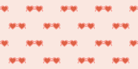 Fototapeta na wymiar Simple cute retro illustration print. 60s inspired 90s 2000s Y2K style seamless pattern. Small scale heart shaped sunglasses. Girly summer beach wallpaper background design. Vector.