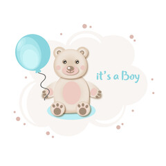 Cute teddy bear with blue balloon. Baby shower card