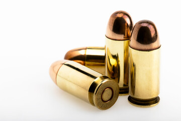Close up of 11 mm. or .45 gun bullets , Full metal jacket ammunition on white background