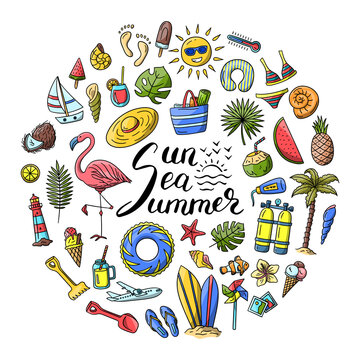 Vector hand drawn summer doodle circle composition with Sun Sea Summer lettering. Includes flamingo bird, surfboards, palmtree, lighthouse, flip flops, hat, neck pillow, bikini, beach bag