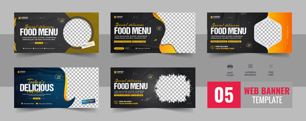 Creative fast food business promotion web banner template design, Restaurant healthy burger online sale social media marketing cover or flyer bundle template design vector