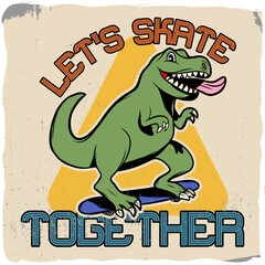 Dinosaur riding a skateboard with a tongue out