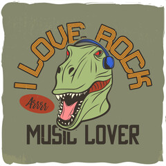 Dino's head listening to rock music