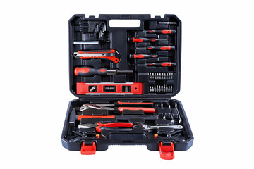 Set of renovation tools. Toolbox with instruments for repair and maintenance isolated on white background