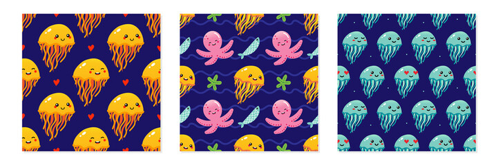 Set, collection of three vector seamless pattern backgrounds for sea life, ocean design with cute jellyfish, octopus and sea life characters.