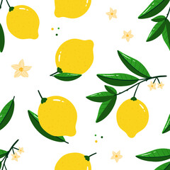 Fresh yellow lemons and lemons hanging on branches vector seamless pattern background for food and nature design.