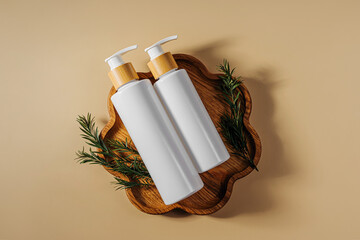 Cosmetic bottles mockups for branding and packaging presentation. Pump bottle on wooden tray. Natural skincare beauty product concept.