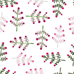 Hand drawn a sprig with berries seamless pattern. Branch with leaves and berry wallpaper.