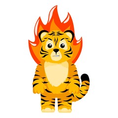 Little angry Tiger character isolated. Irritated cub cartoon striped tiger with fire.