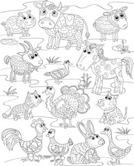 funny village animals, pattern, various poses and situations, drawing, vector, images, cartoon. Coloring book page for adults and children