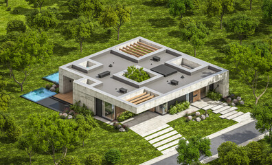 3d rendering of new concrete house in modern style with pool and parking for sale or rent and beautiful landscaping on background. The house has only one floor. Summer sunny day with clear blue sky.