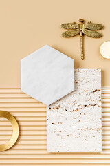 Bathroom or kitchen decoration materials on beige background. Marble slab, ceramic tiles, natural stone. Inspirational Moodboards. Interior Design Trend