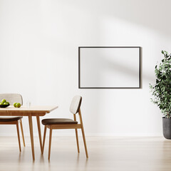 blank picture frame mockup on white wall, room with dinning table and chairs, 3d rendering - obrazy, fototapety, plakaty