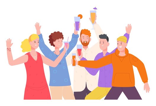 Friends drink alcohol. People celebrate party, say toast cheers and friendship, boy and girl drinking booze cocktail together, group young student teenager, splendid vector