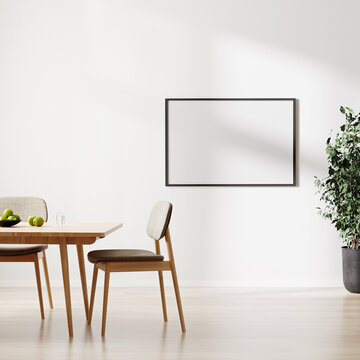 blank picture frame mockup on white wall, room with dinning table and chairs, 3d rendering