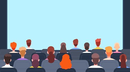 People in cinema back view. Theatre audience, crowd of head sitting on rows chairs watching screen and waiting play movie, events auditorium look film, vector illustration