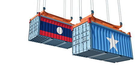 Cargo containers with Somalia and Laos national flags. Isolated on white. 3D Rendering