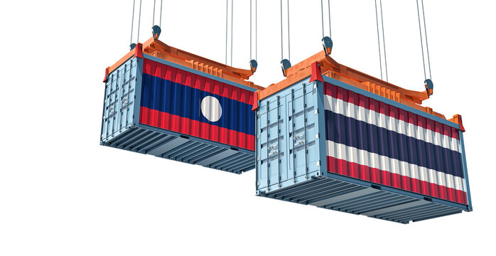 Cargo containers with Thailand and Laos national flags. Isolated on white. 3D Rendering